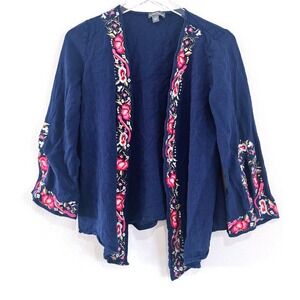 Market & Spruce | Navy Linen Kimono Floral Embroidered Cardigan Top